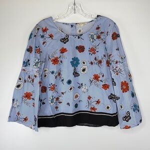 June And Delancey Striped Floral Bell Sleeve Top Size Small